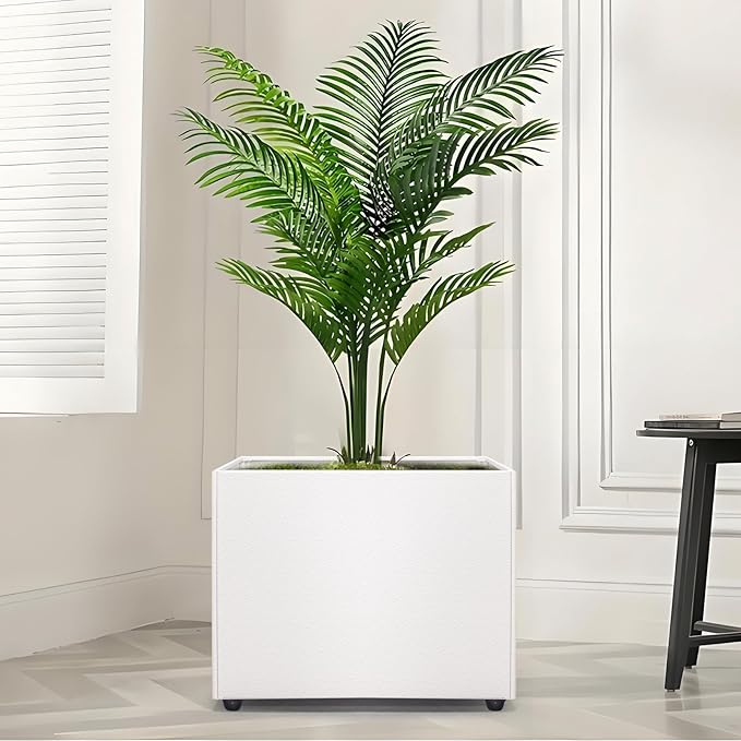 Planter Box Rectangular Block - 16×12×12IN Galvanized Steel Metal Long Box Planter Easy Installation Modern Outdoor Tall Planters All-Weather Use with Drainage Holes for Patio/Porch(White)