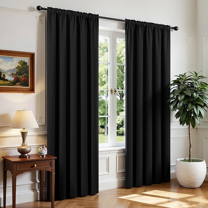 CUCRAF Black Blackout Curtains 96 inch Length 2 Panels Set, Rod Pocket Room by CUCRAF