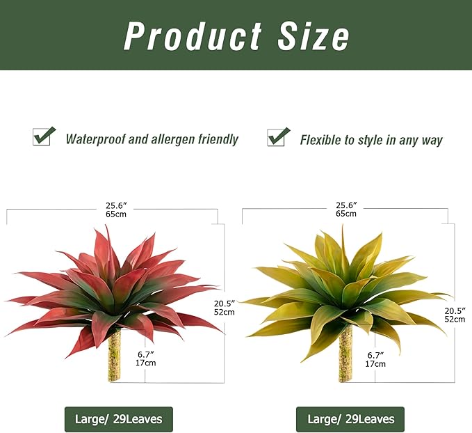 Artificial Agave Plants,Large UV Resistant Fake Agave Planters for Indoor and Outdoor Decorating Artificial Plants for Outdoors Fake Plants 2Pack, 28" Red