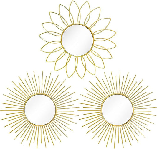 3 Pack Metal Mirrors for Wall Sunburst Wall Mirrors Home Décor Decorative by Uaussi