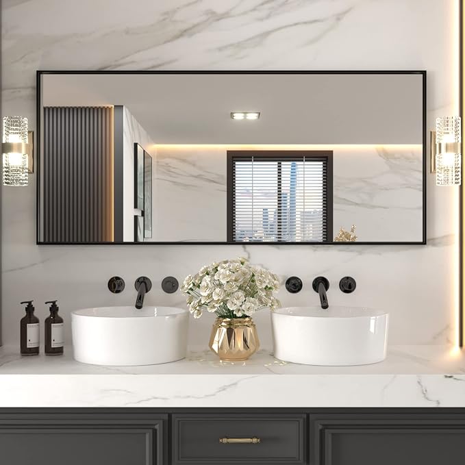 LOAAO 72"X32" Black Rectangle Bathroom Mirror Wall, Matte Black Aluminum Alloy by LOAAO