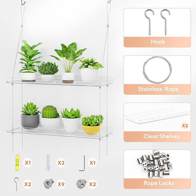 Lifewit 2-Tier Window Plant Shelves 15 inch, Acrylic Adjustable Hanging Floating Shelf, Window Sill Extender for Indoor Succulent Plants, Micro Greens, Seed Starter Pots, Herb Planters