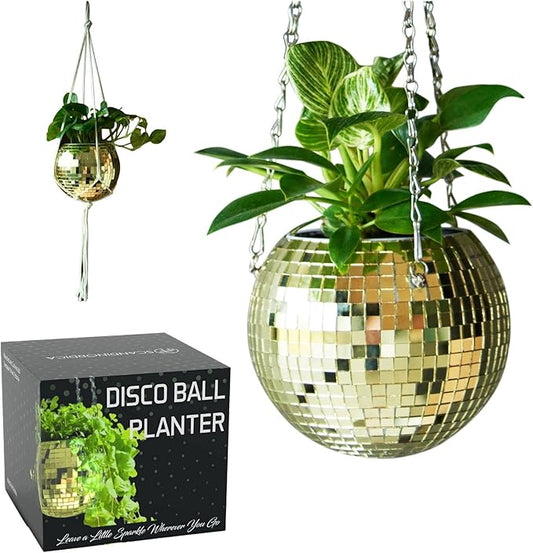 SCANDINORDICA Disco Ball Planter – Value Package: Mirror Disco Planter with Chain, Macrame Hanger and Acrylic Stand for Desk, Includes Self Watering Insert, Retro Decor | 6 inch Gold