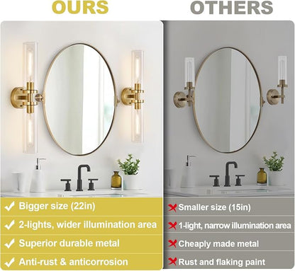 Wall Sconces Set of Two, Hardwired Brushed Gold Bathroom Sconces Wall Lighting - Image 2