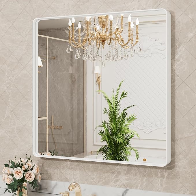 LOAAO 38x38 Inch White Metal Framed Bathroom Mirror - Image 3