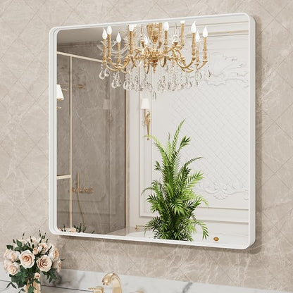 LOAAO 38x38 Inch White Metal Framed Bathroom Mirror - Image 3