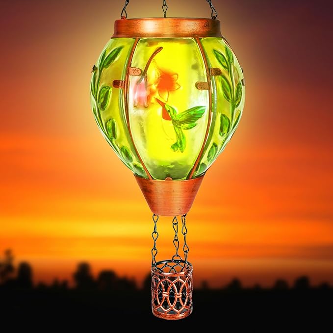 2 Pack Solar Hot Air Balloon Lantern with Flame，Hummingbird Outdoor Solar Lanterns for Outside Garden Yard Farmhouse Patio Pathway Decoration, Hummingbird Gifts for Women Grandma Mom - Hummingbird