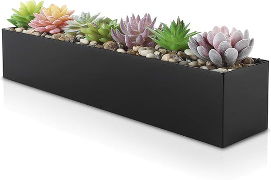 Modern Black Trough Rectangular Planter, 16“ Metal Window Planter Box for Succulent, Small Rectangle Box for Desk or Windowsill, Stainless Steel, Great Gift Ideas for Women Men