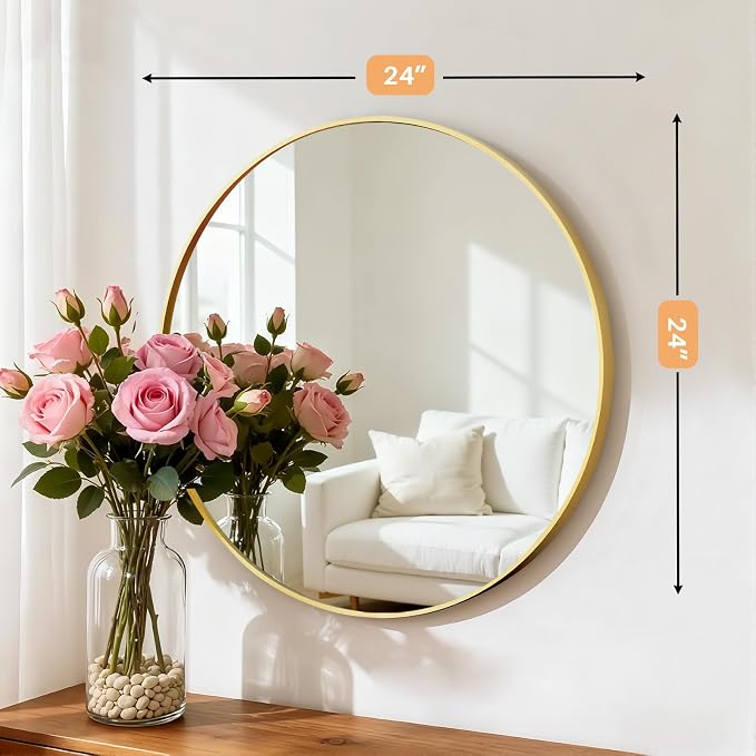 Bathroom Mirror for Wall, 24 Inch Round Mirror, Matte Gold Metal Framed Circle - Image 3