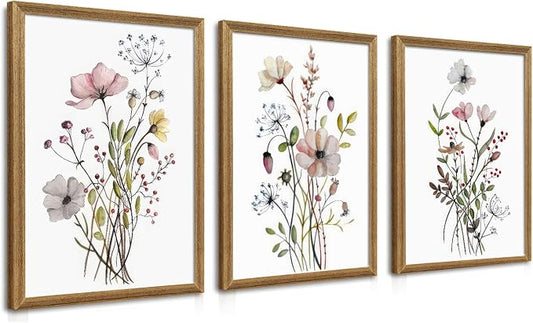 WRFON Framed Botanical Canvas Wall Art Set of 3, Watercolor Floral Prints by Unknown