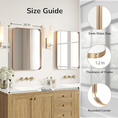 USHOWER Gold Bathroom Mirror 24"x36", Brushed Gold Rounded Rectangle Mirror - Image 2
