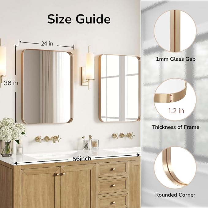 USHOWER Gold Bathroom Mirrors 24"x36" 2 Pack, Brushed Gold Rectangle Mirrors - Image 2