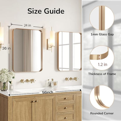 USHOWER Gold Bathroom Mirrors 24"x36" 2 Pack, Brushed Gold Rectangle Mirrors - Image 2