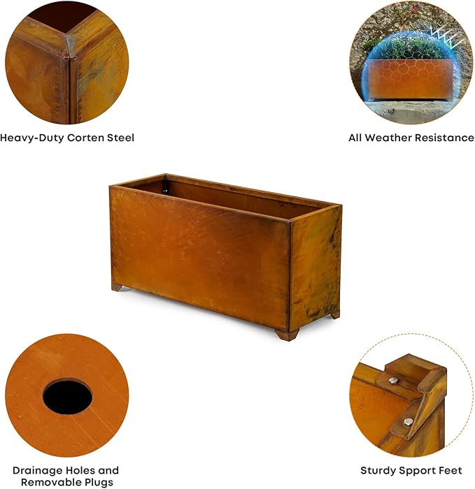 Stanbroil Corten Steel Planter Box for Outdoor Patio - 32 X10 X16 Inch Large Rectangular Metal Planter Box with Natural Rusty and Drainage Holes for Raising Flower, Plants