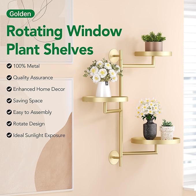 Rotating Window Plant Shelves, 3-Tier Metal Plant Shelf Indoor, Gold Plant Stand, Plant Rack for Wall Planters for Plants Window Sill Gifts for Plant Lovers