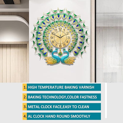 Large Peacock Wall Clock 27.6 inch Non-Ticking Silent Crystal Creative - Image 6