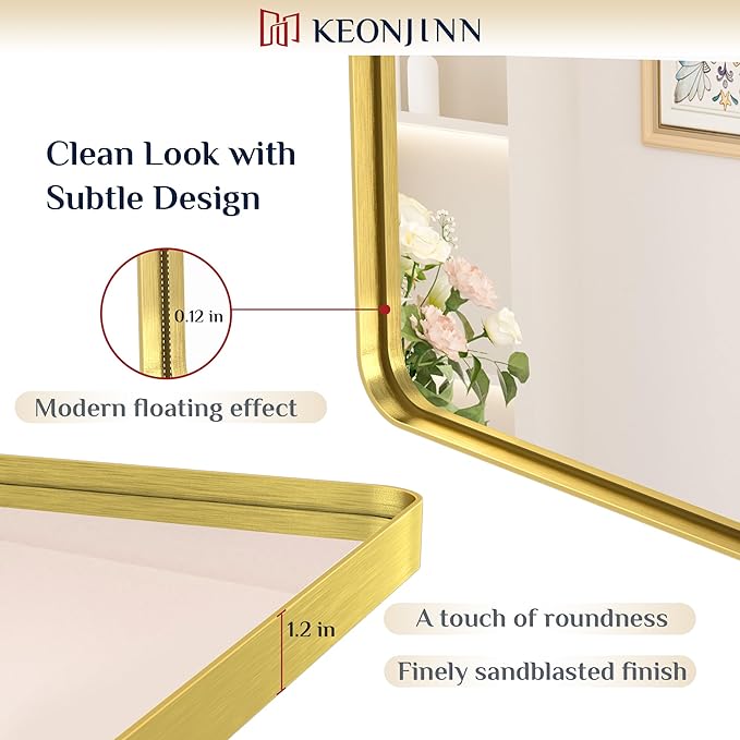 Keonjinn Gold Bathroom Mirrors for Over Sink, 40” x 30” Brushed Brass Mirror - Image 3
