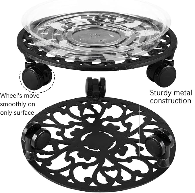 11 Inch Rolling Plant Stand with Wheels Wrought Iron Rolling Plant Stand with Casters Heavy Duty for Indoor Plants Rollers with Plant Saucers, Metal Round Plant Dolly 1 Pack
