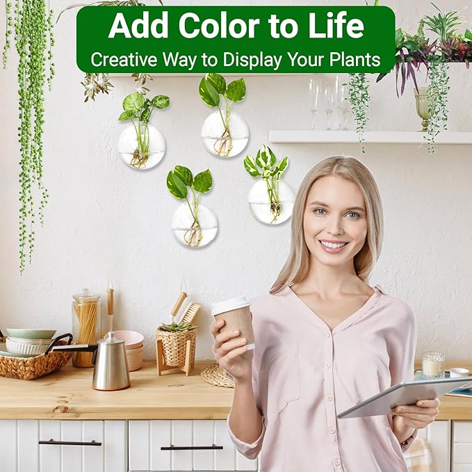 Ivolador Wall Hanging Planter Propagation Station Glass Flower Vase for Hydroponics Plants, Home Office Living Room Decor Gift, Set of 4