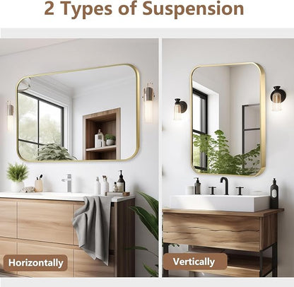 48x30 Inch Gold Bathroom Mirror, Brushed Gold Metal Framed Rectangular Mirror - Image 6