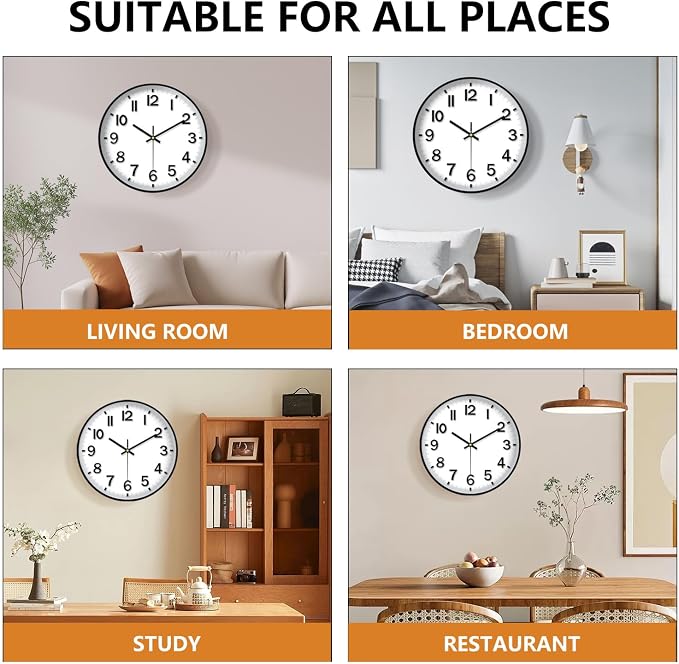 Black Wall Clock, 8 Inch Wall Clocks Battery Operated, Round Modern Non Ticking - Image 8