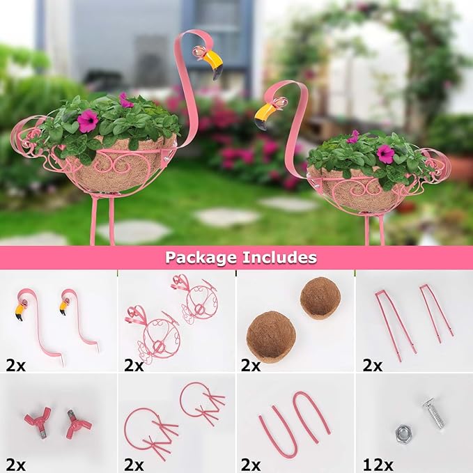 Set of 2 Pink Metal Flamingo Planters with Basket for Indoor Outdoor Garden Yard Decor