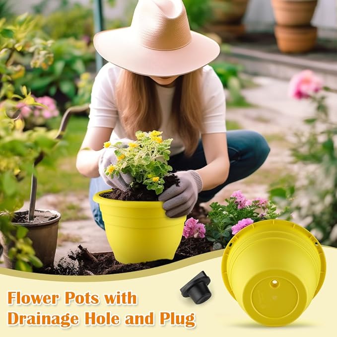Plant Pots Set of 3, 11 Inch Round Flower Pots, Thickened Plant Planters with Drainage Holes, Garden Pots for Indoor Outdoor, （3 Pack, Yellow