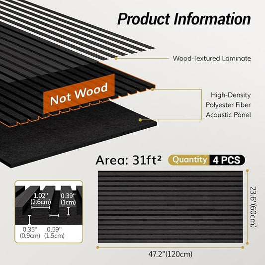 TONOR 4-Pack Acoustic Wood Veneer Wall Panels, 47.2” * 23.6” * 0.74” 3D - Image 2