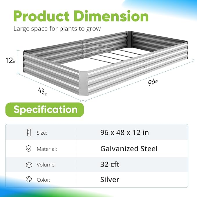 Quictent Galvanized Raised Garden Bed 8x4x1 Ft Metal Planter Box for Vegetables Bottomless for Backyard, 2 Tomato Cages Included, Green