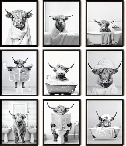 SEHSUVC Funny Bathroom Cow Posters Wall Art Set of 9, Vintage Black and White by Unknown
