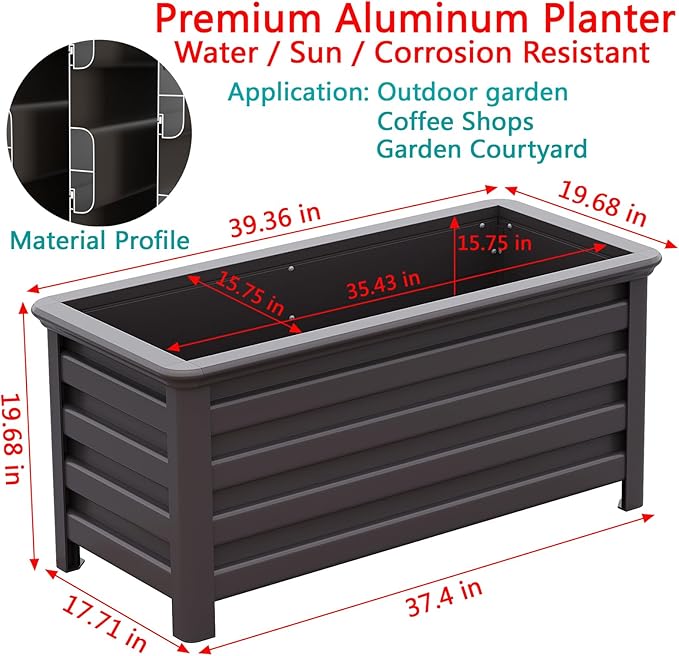 Aluminum Rectangular Outdoor Planter 39.36" Long Box Planter for Patio Porch Indoor Outdoor Weather-Resistant Large Planters with Drainage Hole for Flowers, Dark Brown, 19.68"D x 39.36"W x 19.68"H