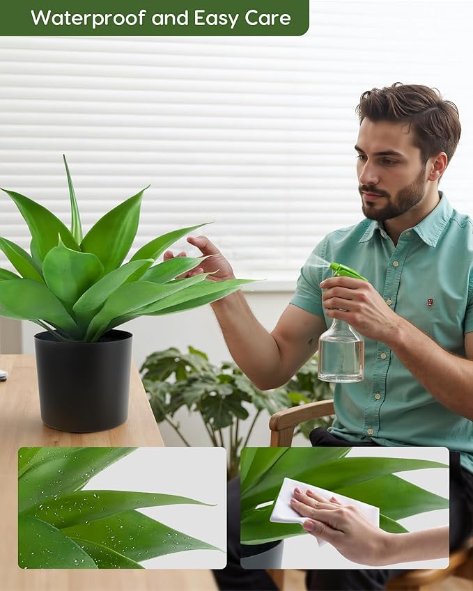 Velener Fake Agave with Black Pot, Artificial Plant Outdoor Agave - Fake Plants for Indoor and Outdoor Decor(16 Inch)