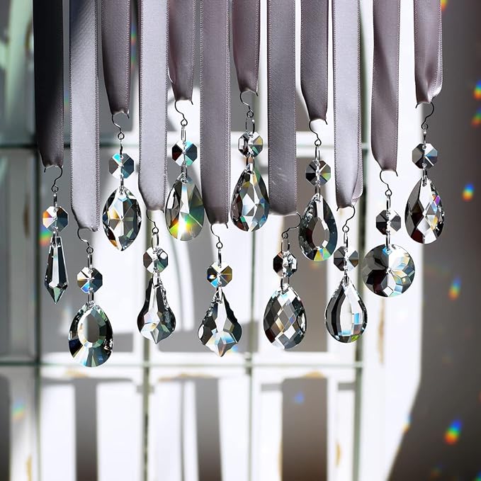 12pcs Glass Crystal Chandelier Prisms, Rainbow Hanging Crystals Suncatcher for Windows, Home Decoration