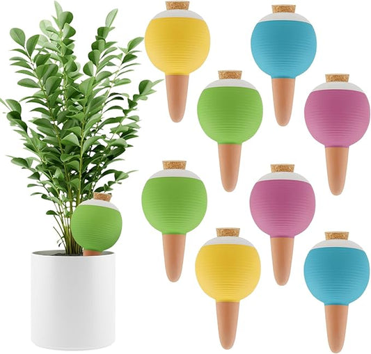 Kalolary 8Pcs Plant Watering Globes, Large Terracotta Automatic Watering Stake Devices with Wooden Stopper for Pots, Planters, Indoor, Outdoor