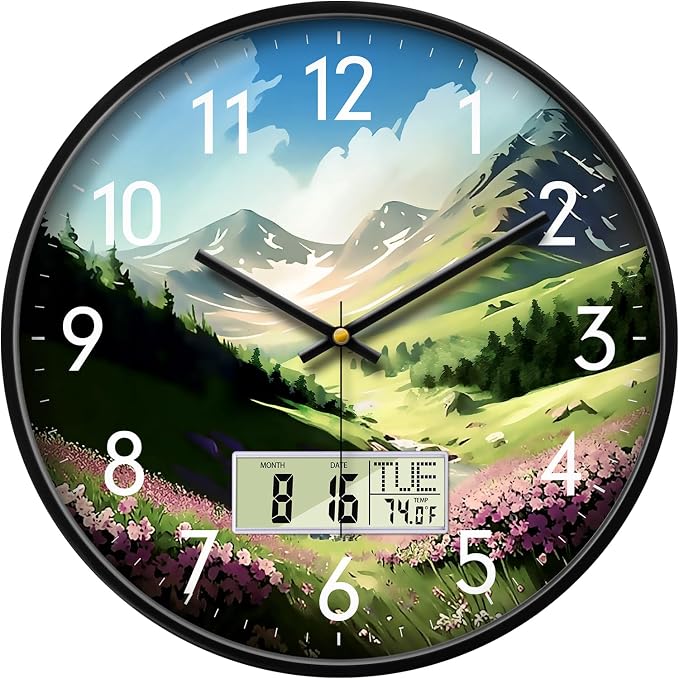 14'' Silent Non-Ticking Rustic Mountain Wildflowers Wall Clock, Battery by SCOAGE