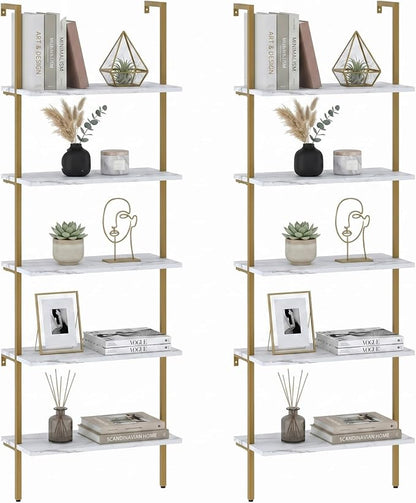 aboxoo Ladder Shelf 2PCS White Marble Bookshelf 5-Tier Wall-Mounted Wood Rack by aboxoo