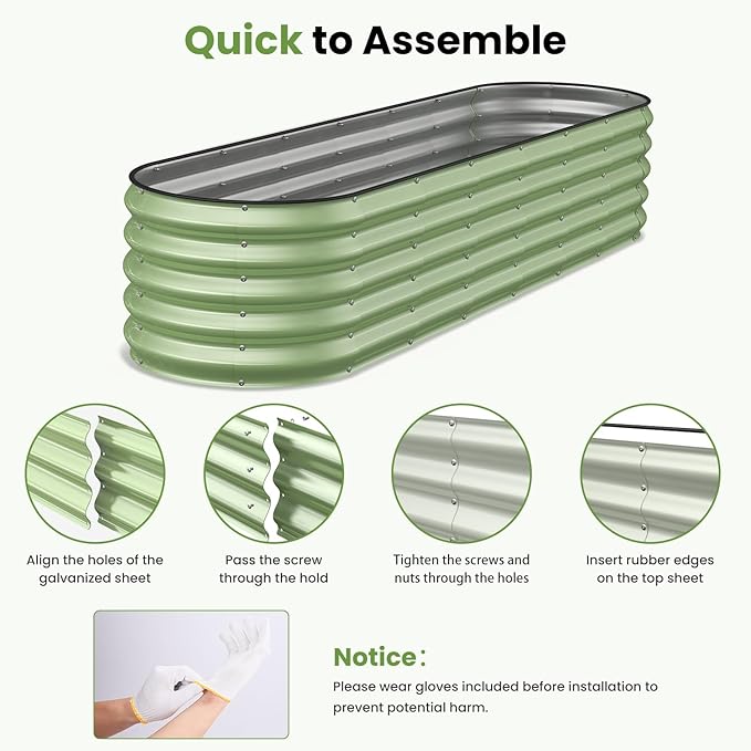 Oval 8x2x1.5 FT Galvanized Raised Garden Bed Kit, 31 in 1 Large Metal Planter Box for Outdoor Gardening, 18” Garden Bed for Vegetables Flower Herb(Sage Green)