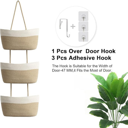 TeoKJ Over the Door Hanging Basket, 3-Tier Woven Cotton Wall-Mounted Storage - Image 4