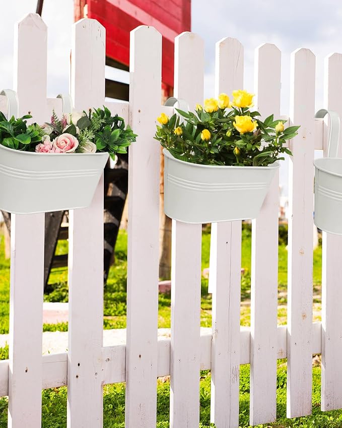 vensovo Metal Railing Planter for Outdoor Plants - 5 Pack Balcony Hanging Flower Pots with Detachable Hooks and Drain Holes Oval Bucket Rail Box Fence Planters for Home Garden Decor, White
