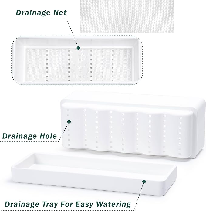 D'vine Dev 12 Inch Window Box Planter, Rectangle Plastic Herb Planter with Drainage Holes and Saucer, Indoor Succulent Cactus Vegetable Pot for Windowsill, Garden Balcony, White, Set of 1, 76-X-A-1