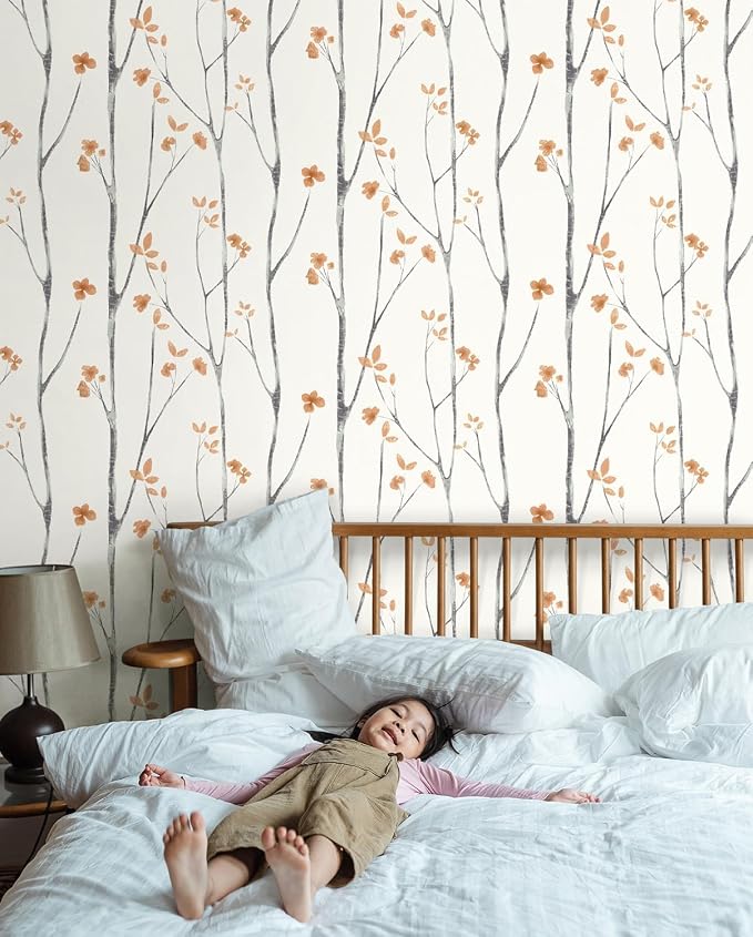 Timeet Peel and Stick Wallpaper White and Orange Floral Wallpaper Boho Leaf - Image 7
