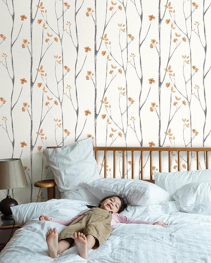Timeet Peel and Stick Wallpaper White and Orange Floral Wallpaper Boho Leaf - Image 7