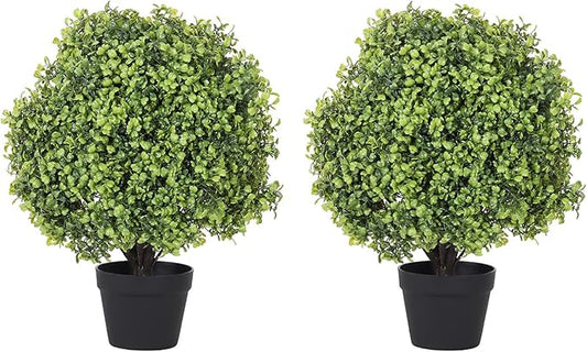 THE BLOOM TIMES 2ft Boxwood Topiary Ball Trees Artificial Outdoor Set of 2, 24" Faux Evergreen Plants Outside UV Resistant Greenery, Fake Potted Bushes and Shrubs for Front Porch Planter Patio Decor