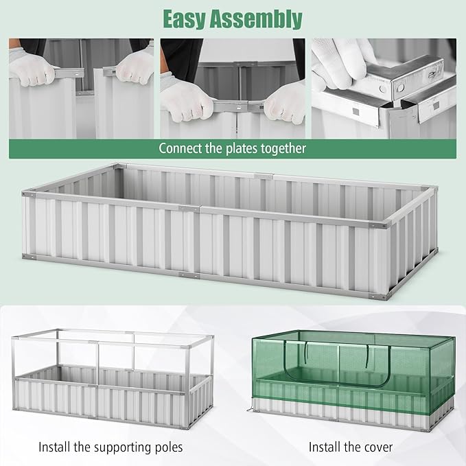 S AFSTAR Galvanized Raised Garden Bed with Greenhouse, 69” x 36” x 28” Bottomless Flower Bed w/Large Roll-up Window, 8PCS T Tags & Gloves, Outdoor Rectangular Planter Box Kit for Herb Vegetable Fruit
