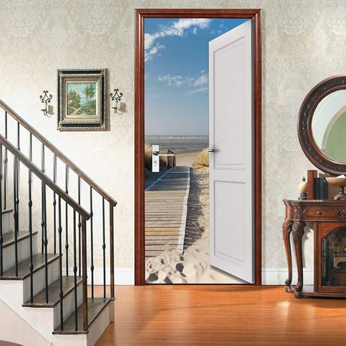 3D Door Wallpaper Self-Adhesive Door Poster - Beach Street - Door Film Photo Wallpaper Premium PVC Waterproof Door Sticker Wall Sticker for Bedroom Living Room Door Decoration Stickers 88 x 200 cm