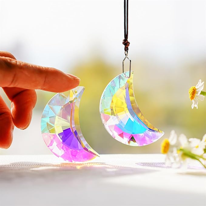 HDCRYSTALGIFTS 2pcs 50mm Crystal Prisms Sun Catchers,Half Moon Drop Hanging Suncatchers for Windows, Rainbow Maker Crystals Decoration