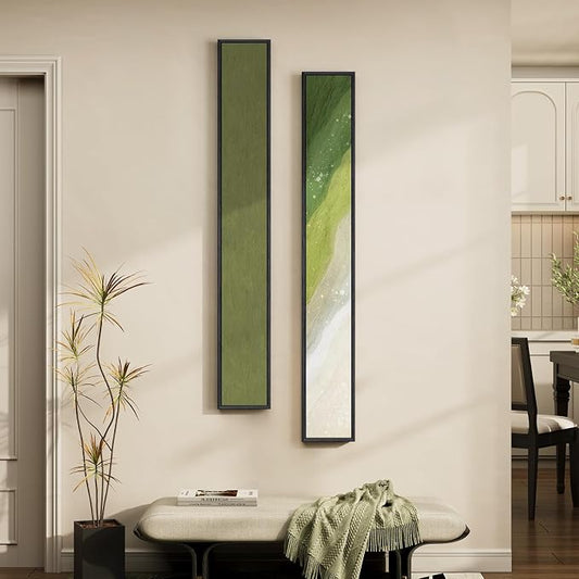 Long Narrow Framed Sage Green Vertical Abstract Wall Art Set, 2 Piece Modern by Cuspin