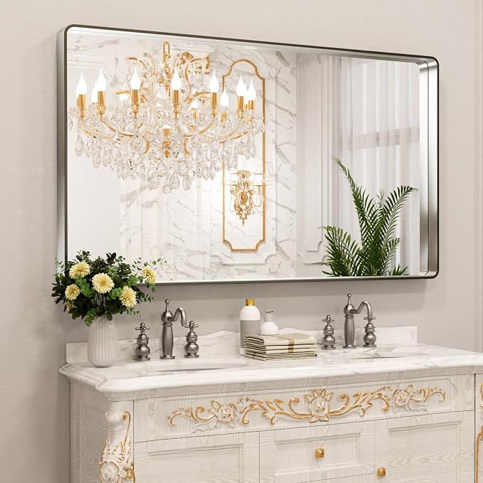 LOAAO 60X28 Inch Brushed Nickel Bathroom Mirror, Rounded Rectangle Silver Metal by LOAAO