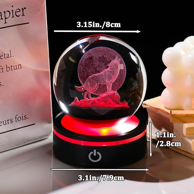 YWHL 3D Crystal Ball Moon Wolf Figurine with Colorful LED Base, Laser Wolf Gifts for Women Men Wolves Lovers on Christmas Birthday, Wolf Statue Glass Animal Decorative Ball for Home Decor (80mm)
