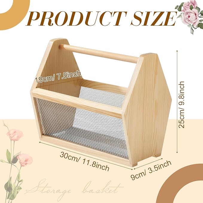 Garden Hod Harvest Basket Garden Harvesting Basket 12 x 10 x 7.5 Inch Pine and Metal Mesh Gardening Hod with Wood Handle for Flower Vegetable Fruit Gathering Supply Gift for Gardener